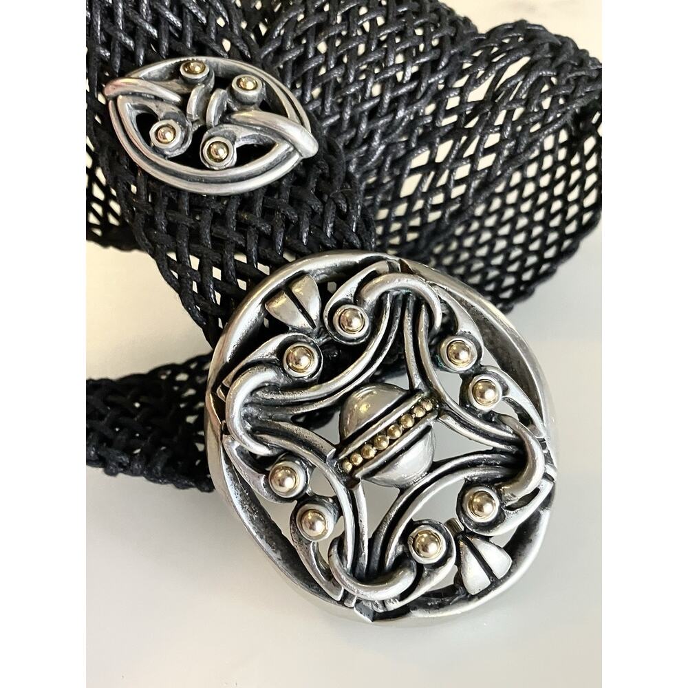 Vintage Modernist Artist Buckle Pewter, Brass Nouveau Statement Woven Mesh Belt - Picture 2 of 6